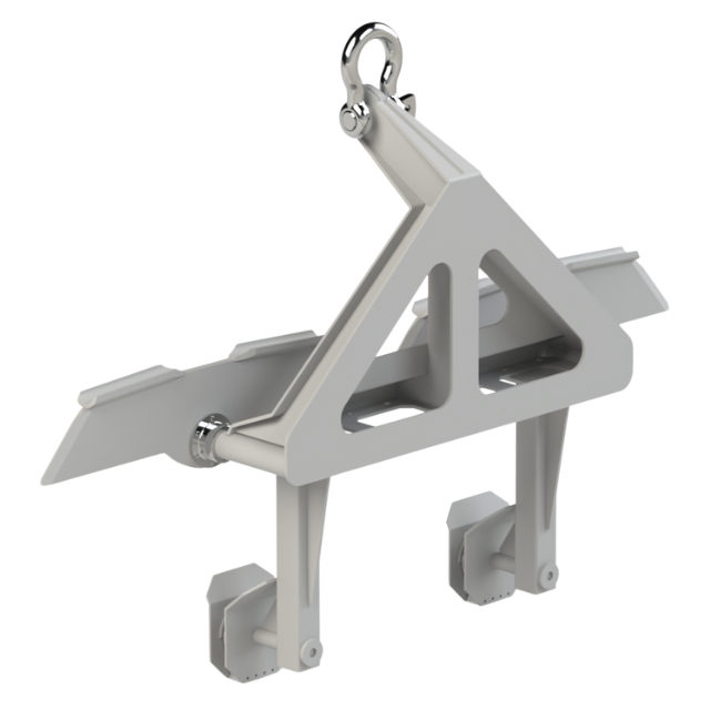 Morsetto di sollevamento in metallo grigio con gancio ad occhiello per il fissaggio a un paranco.