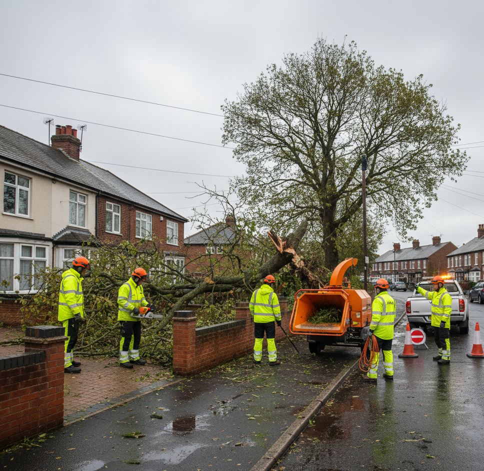 Workers in high vis jackets are clearing a fallen tree from a residential street in Redhill, Surrey.