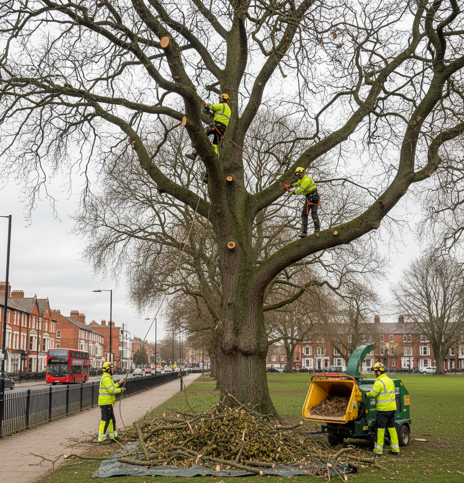 Tree trimmers in safety gear cutting branches, chipping wood near a park in Redhill, Surrey.