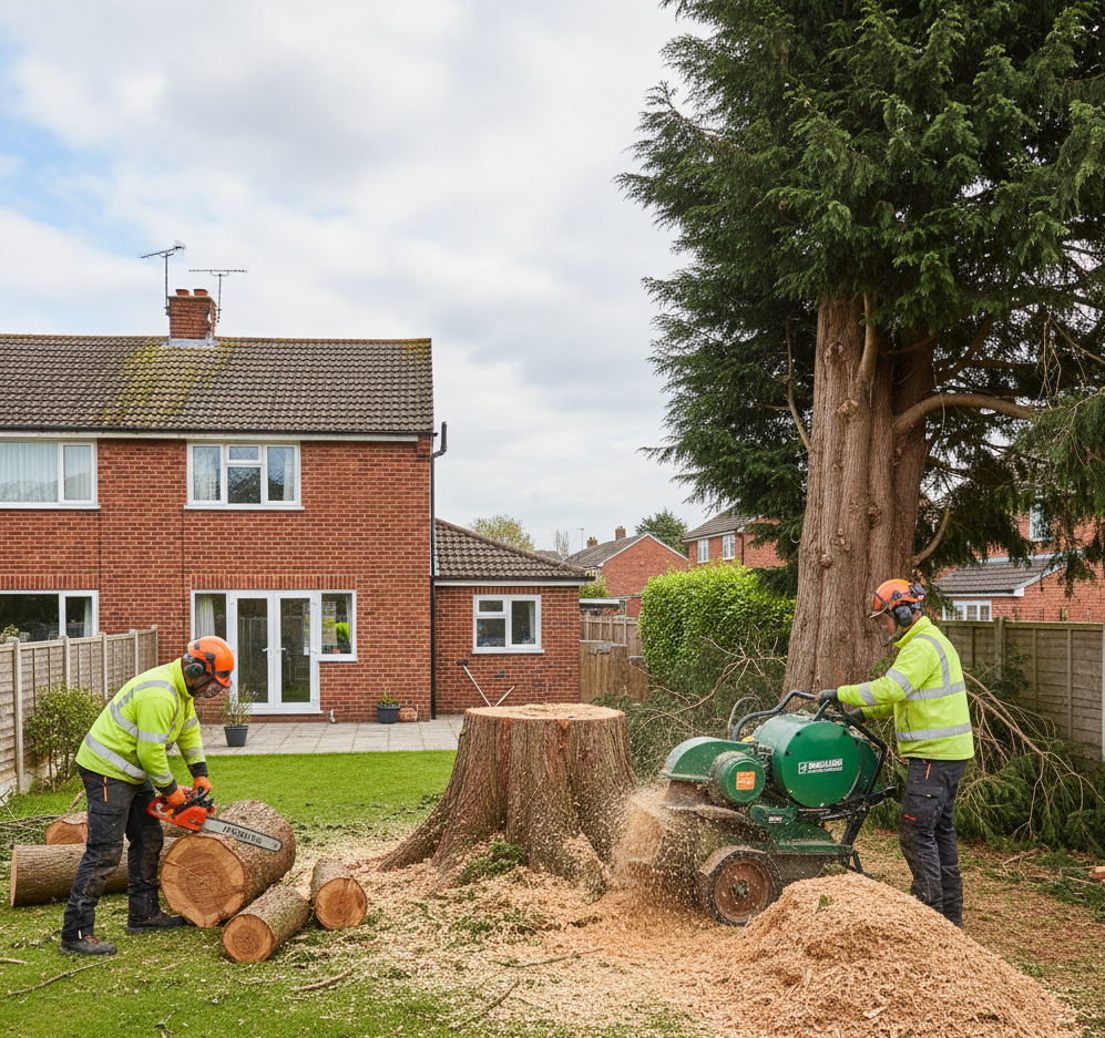 Two workers in safety gear removing a tree stump in a garden in Redhill with wood chips.