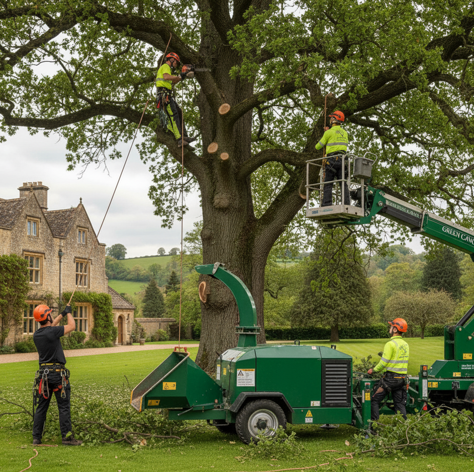 Tree trimmers working on a large tree with a wood chipper, in front of a stone building in Redhill, Surrey.