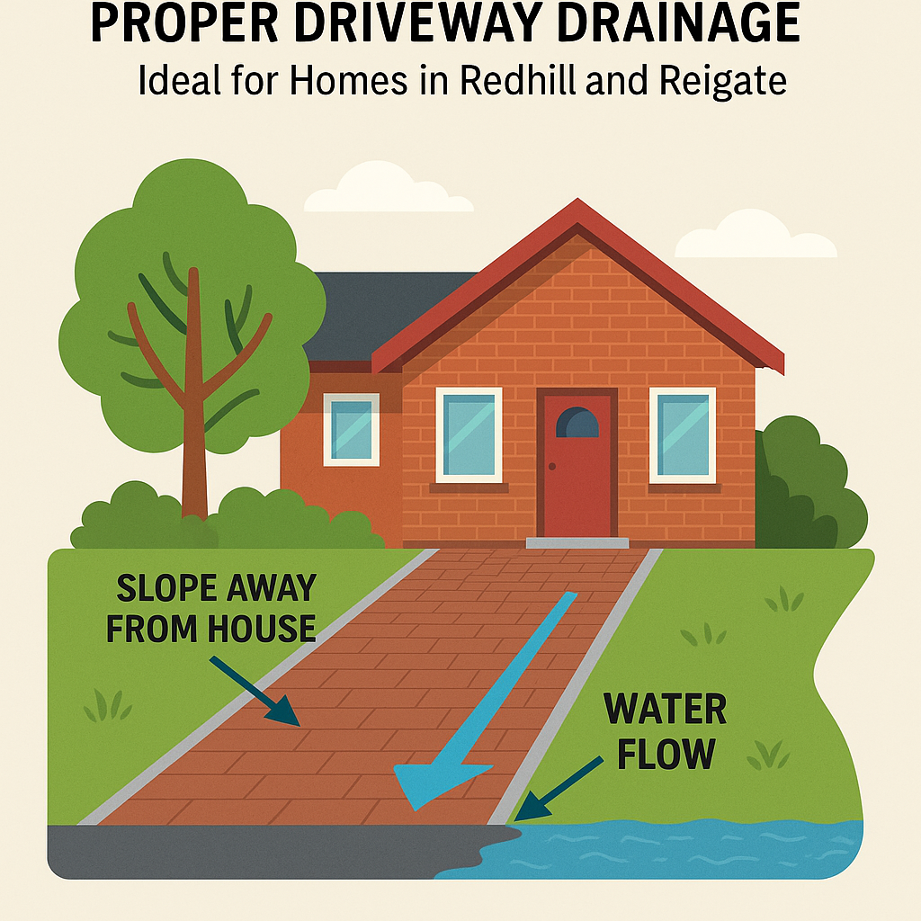 A diagram of proper driveway drainage for homes in redhill and reigate.