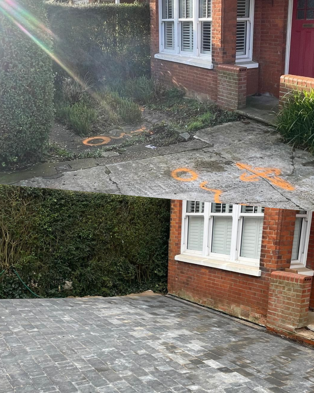 A before and after picture of a driveway in front of a brick house.