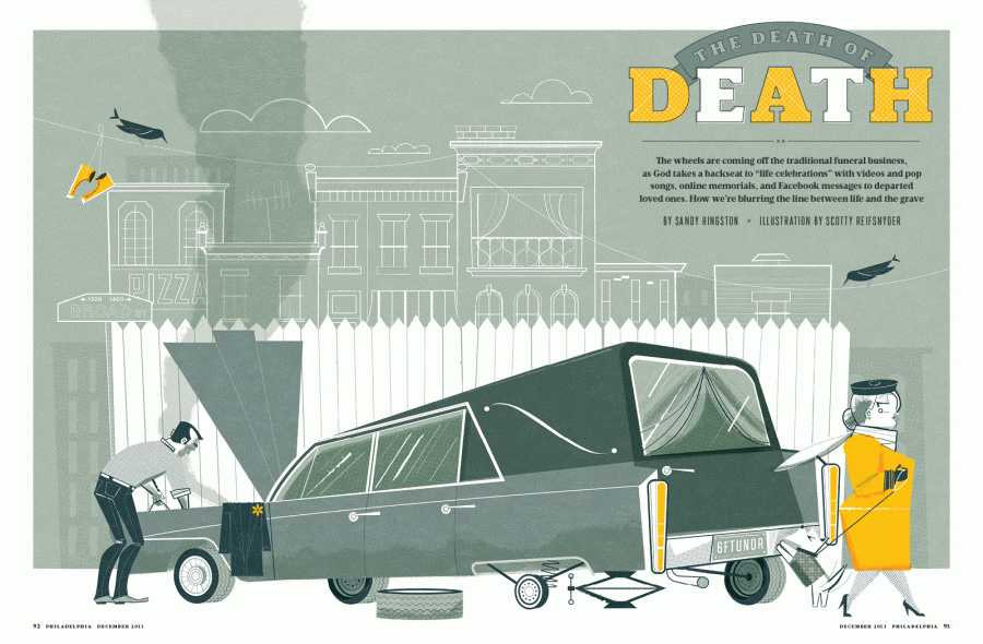 An illustration of a man fixing a car next to a coffin.
