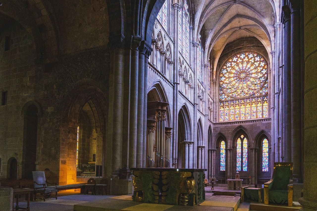 View of the inside of a church during sunset