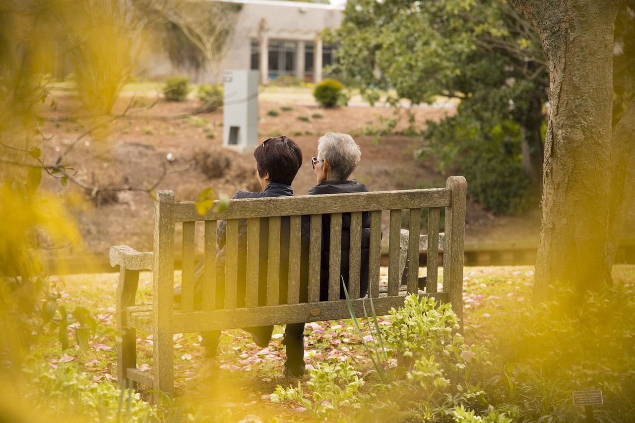 Picture of 2 older women sitting on a bench in a park, surrounded by trees