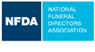 The logo for the national funeral directors association is blue and white.