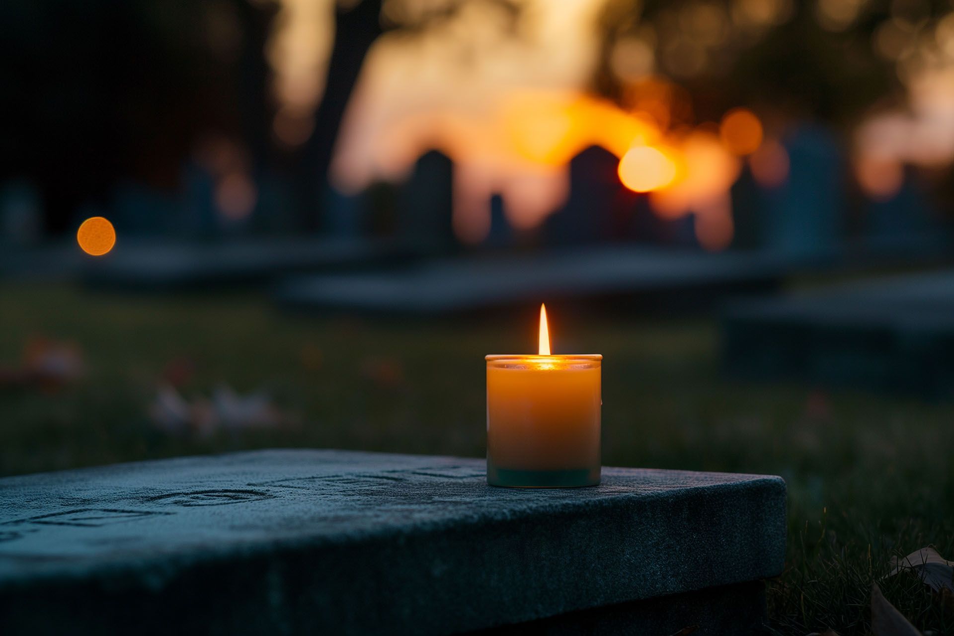 A lit candle is sitting on top of a grave in a cemetery.
