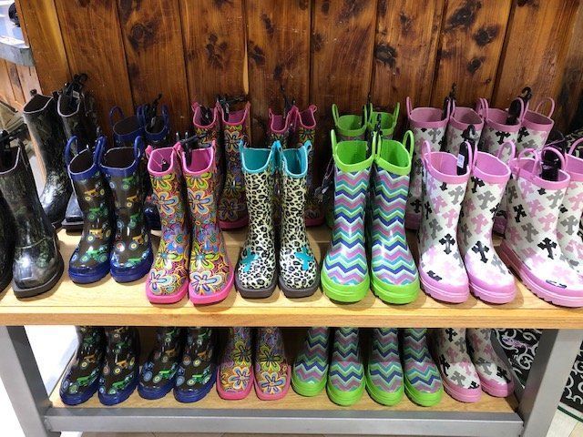 Colorful kids' rain boots are lined up on the shelf of a local pet store.