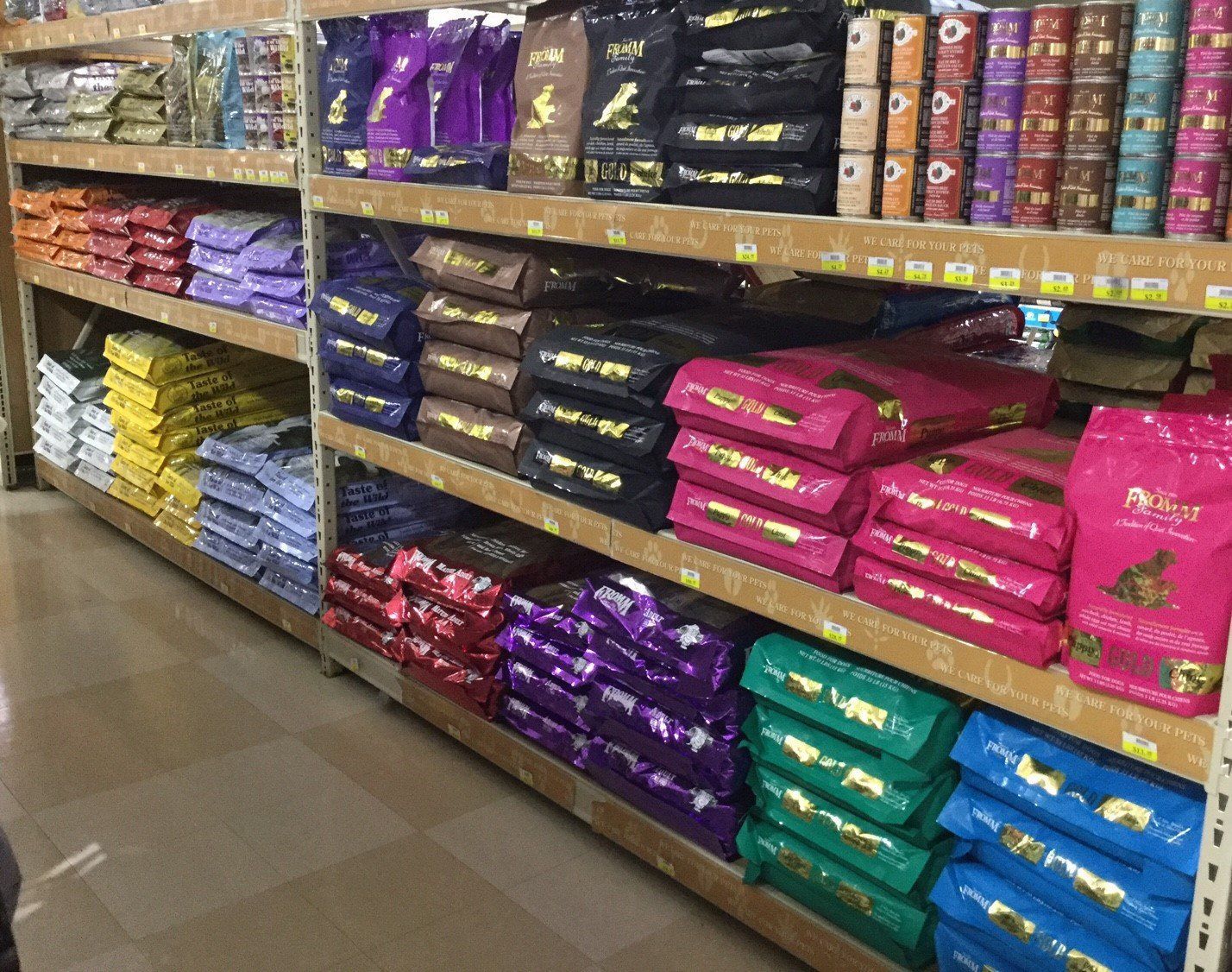 A selection of wet & dry animal feed on display.
