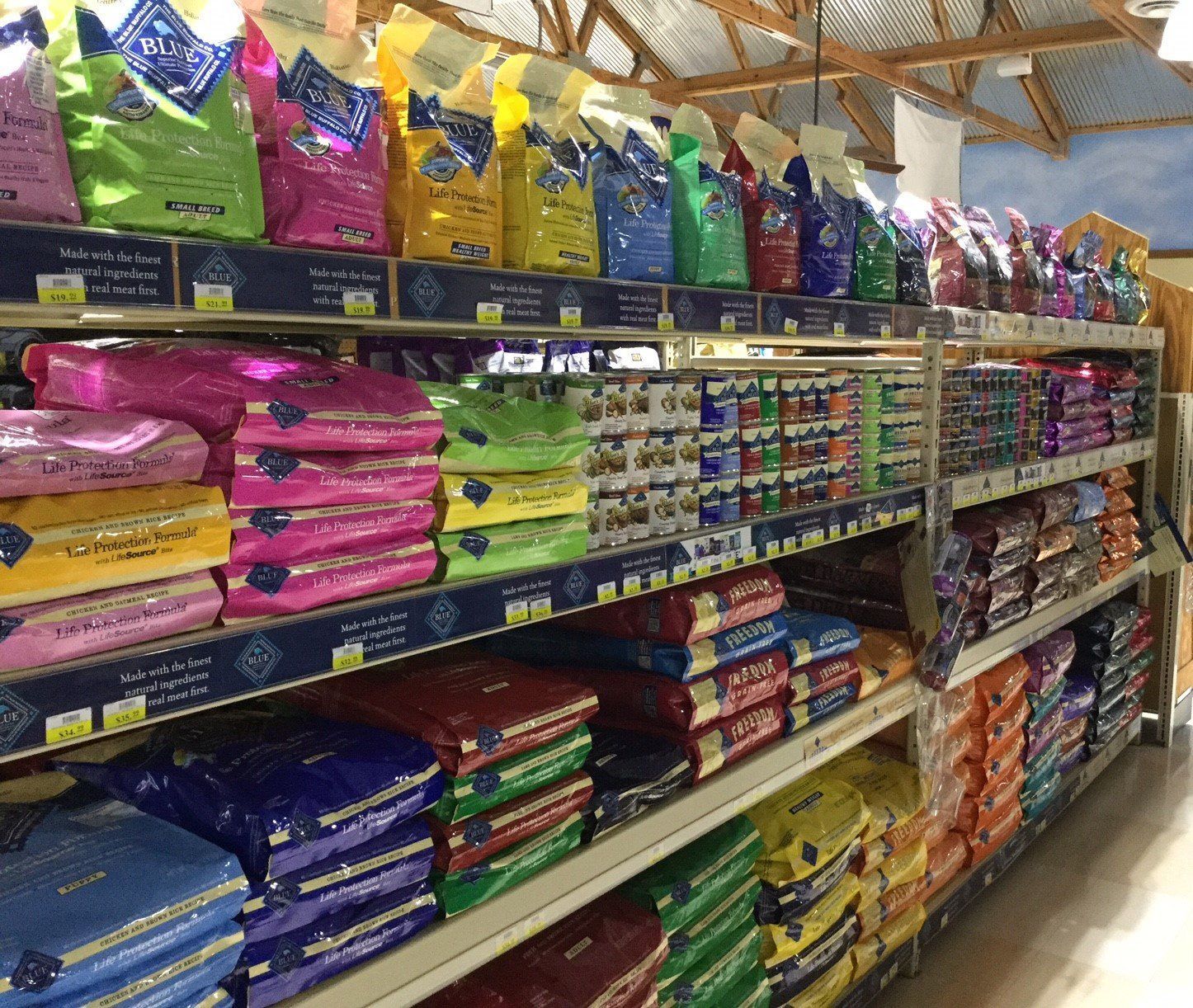 A selection of wet & dry animal feed at the local pet store.