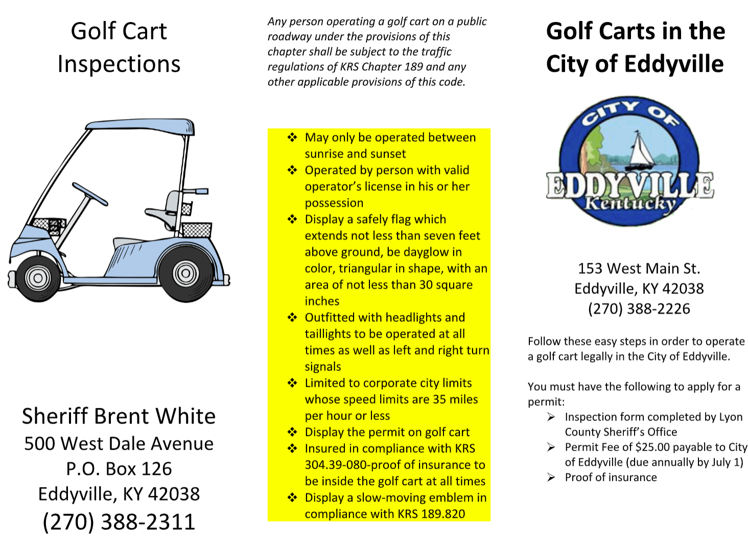 A brochure for golf carts in the city of eddyville kentucky