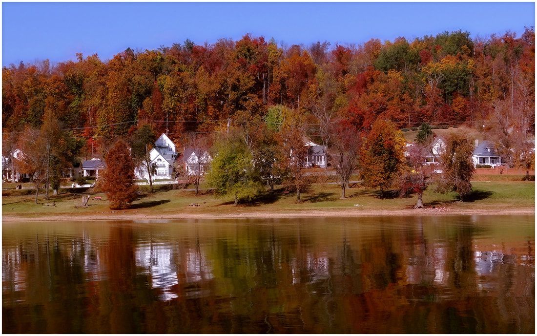 A lake surrounded by trees and houses on a sunny day
