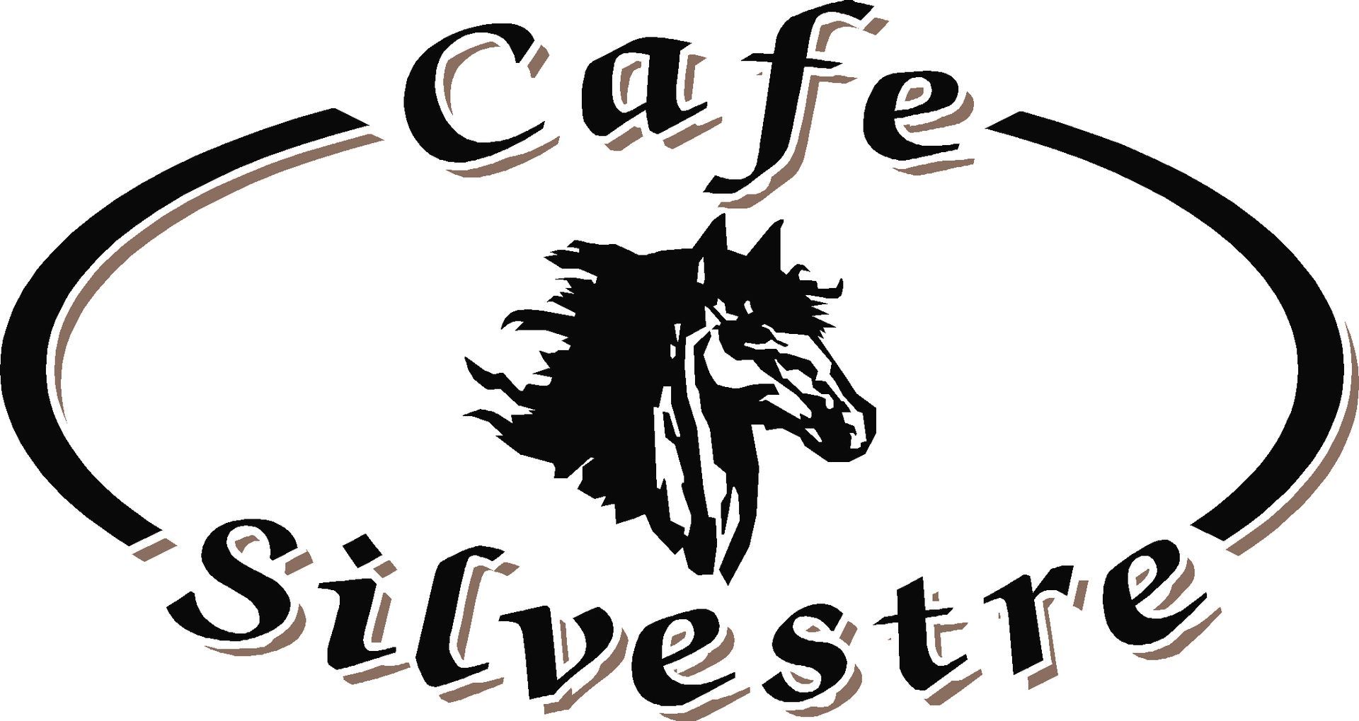 A black and white logo for cafe silvestre with a horse head