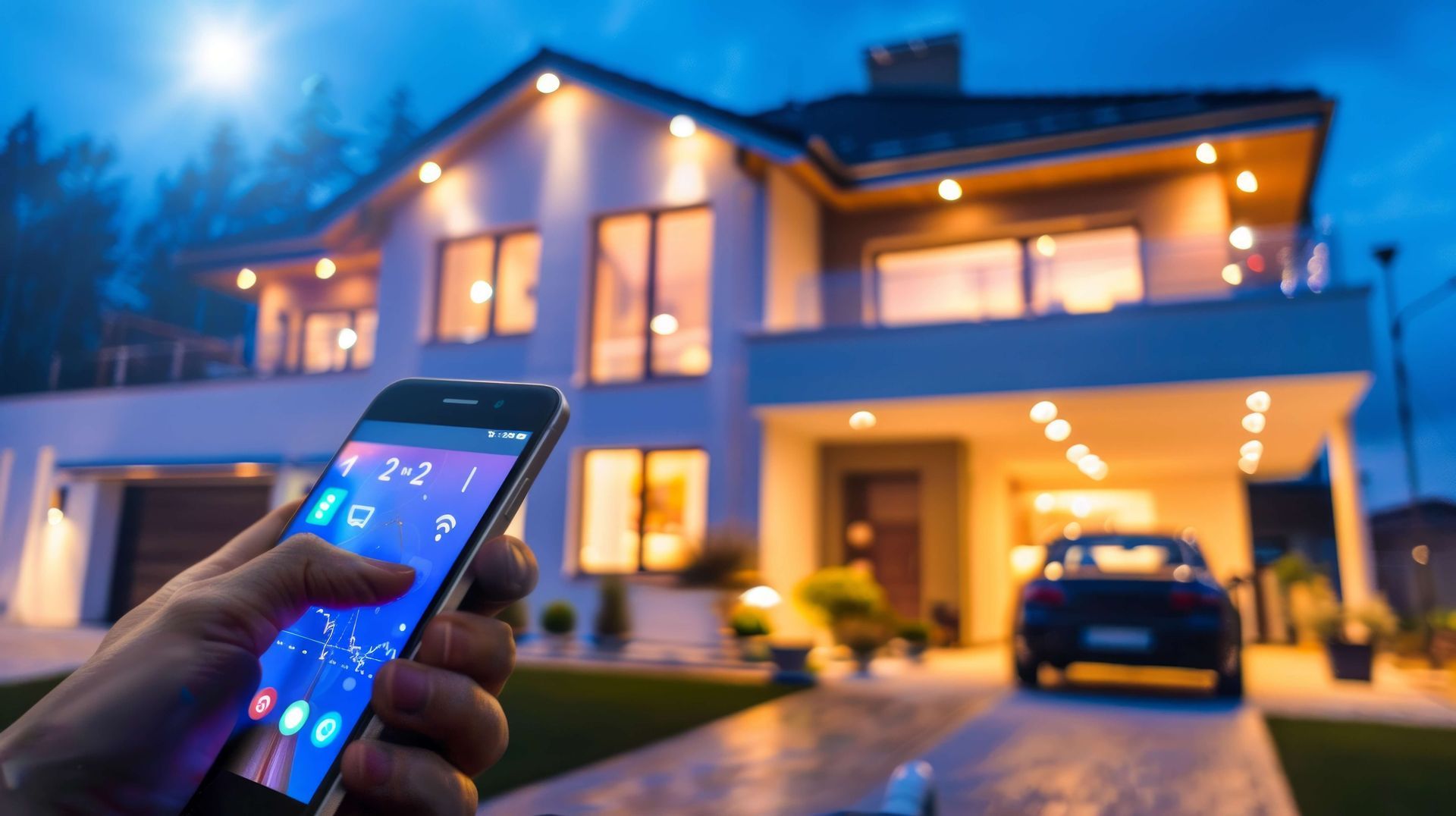 Person uses smartphone to control smart home lights at night. House and car in background.
