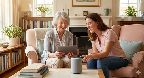 Woman teaching older woman how to use a smart speaker and tablet in a living room.