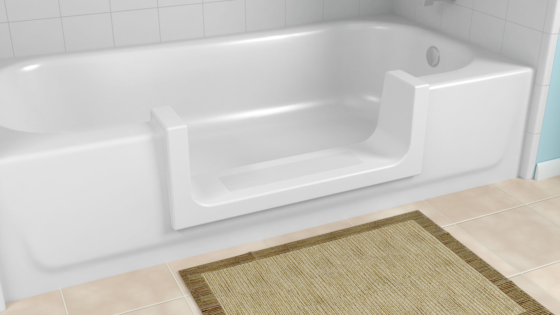 White walk-in bathtub with a low entry step, set in a bathroom with beige tile and a woven mat.