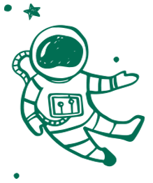 A black and white drawing of an astronaut floating in space