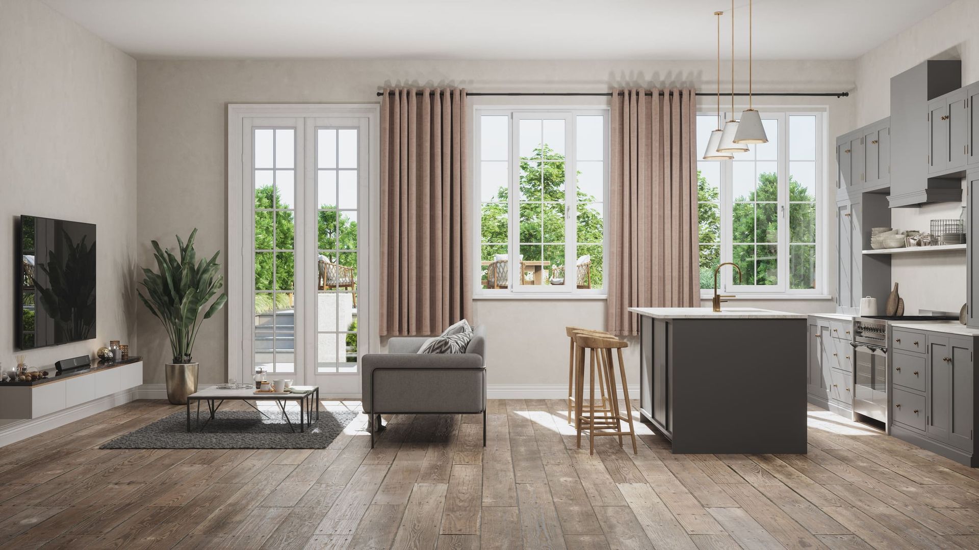 An artist 's impression of a living room and kitchen in a house.