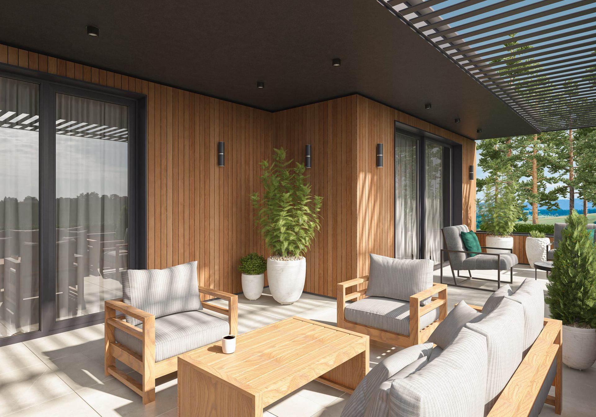 An artist 's impression of a patio with a couch , chairs , table and potted plants.
