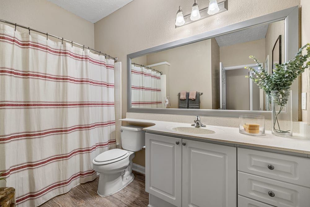 Modern bathroom with a toilet, sink, mirror, and shower curtain at Marquis at Sugarloaf in Duluth, GA.