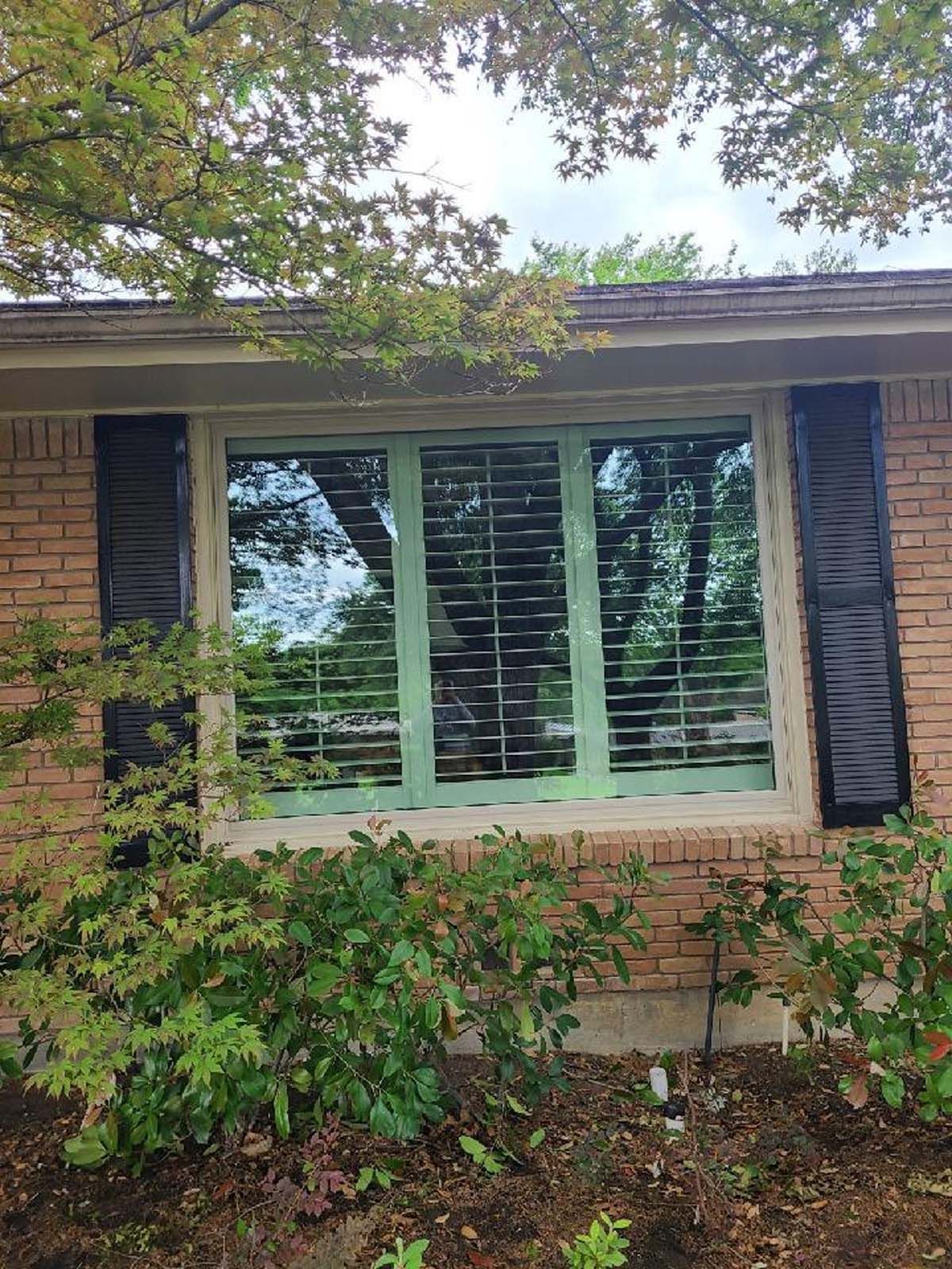 Brick house with green-framed windows, black shutters, and greenery in front.
