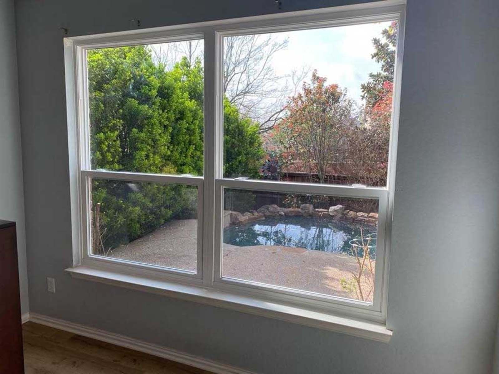 Window overlooking a backyard pond, framed by white trim, with green and red trees against a blue sky.
