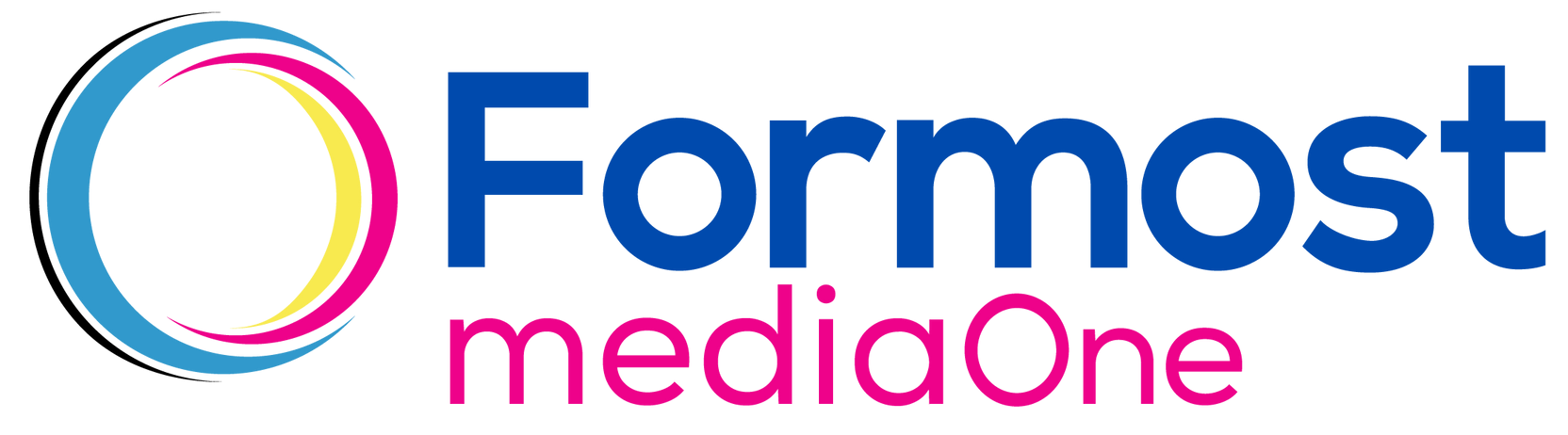 the logo for formost mediaone is blue and pink .
