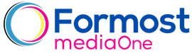 the logo for formost mediaone is blue and pink .