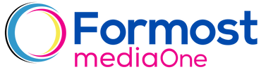 the logo for formost mediaone is blue and pink .