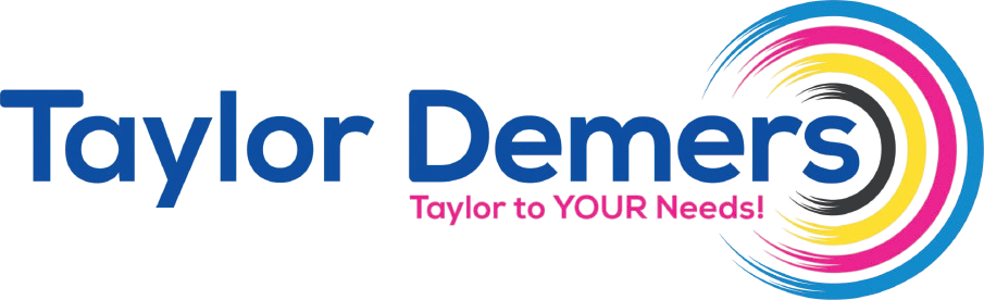 A colorful logo for taylor demers with a rainbow of squares.