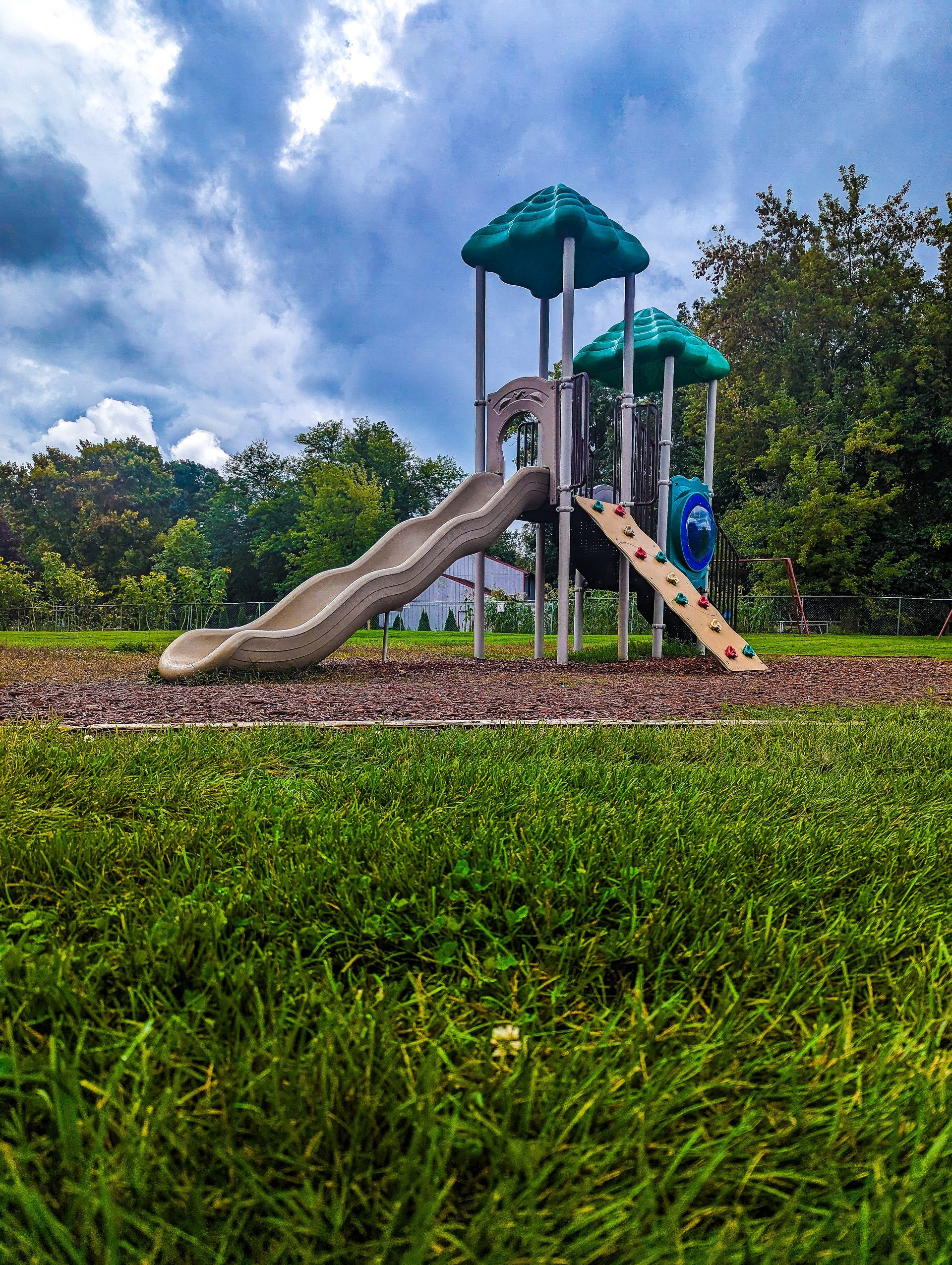 A playground with a slide and a climbing wall in a park.