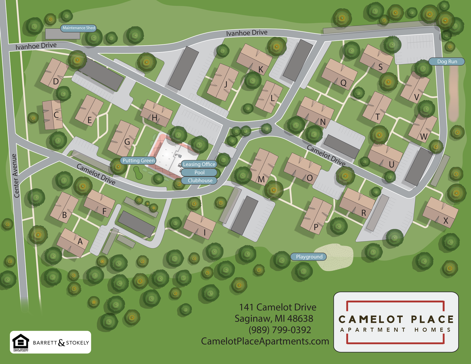 An aerial view of the Camelot Place apartment community. 