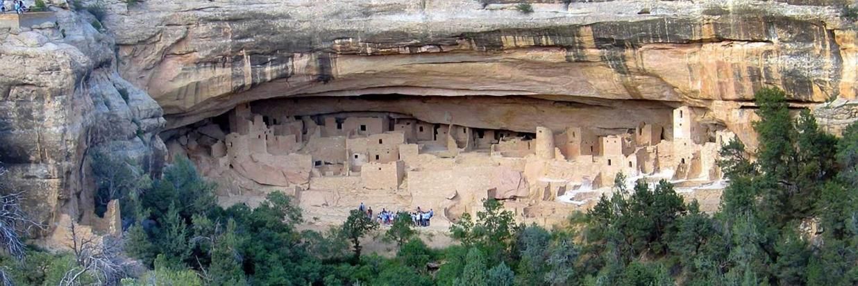A large cave in the middle of a forest surrounded by trees.