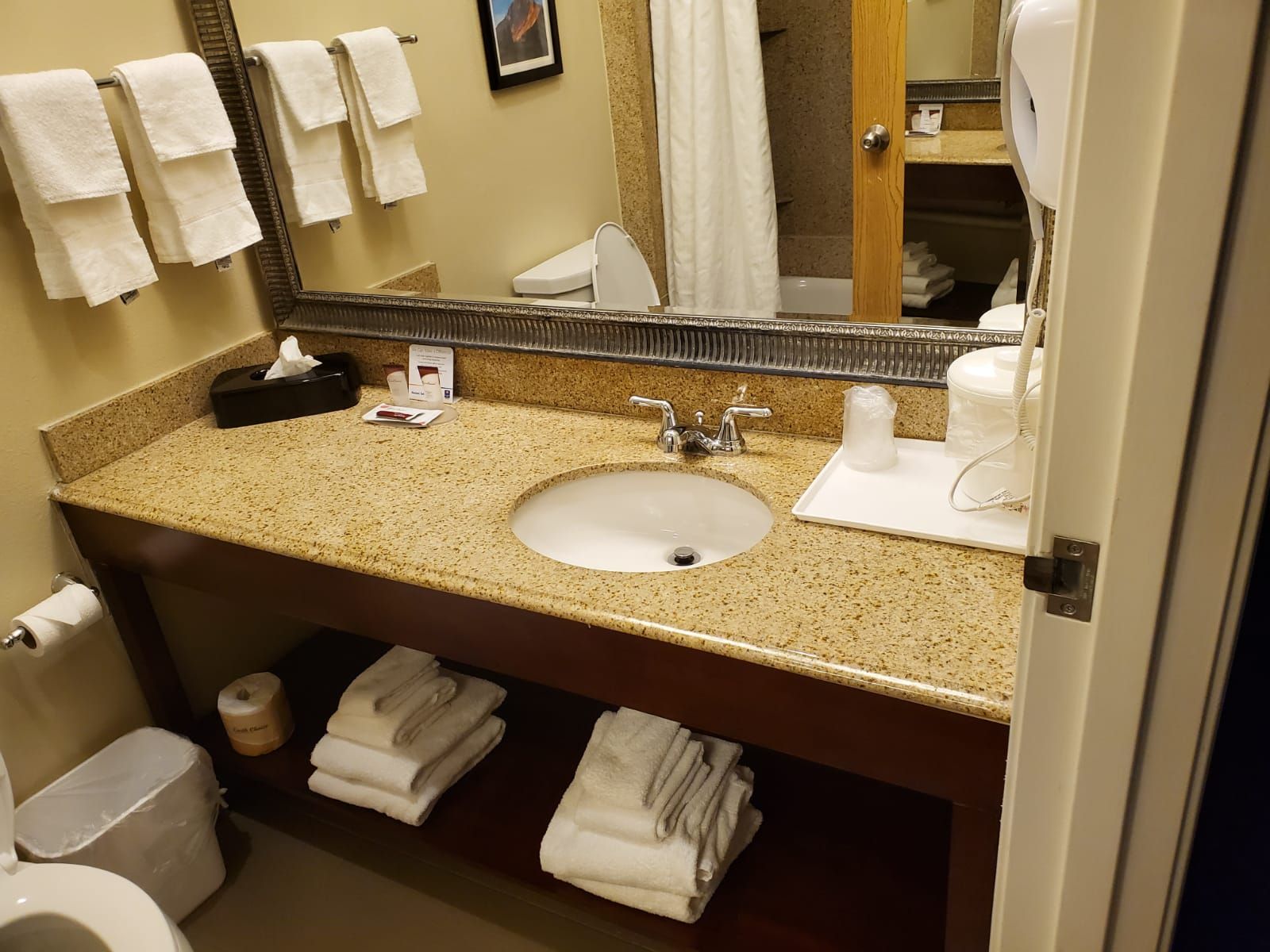 A bathroom with a sink , toilet and mirror