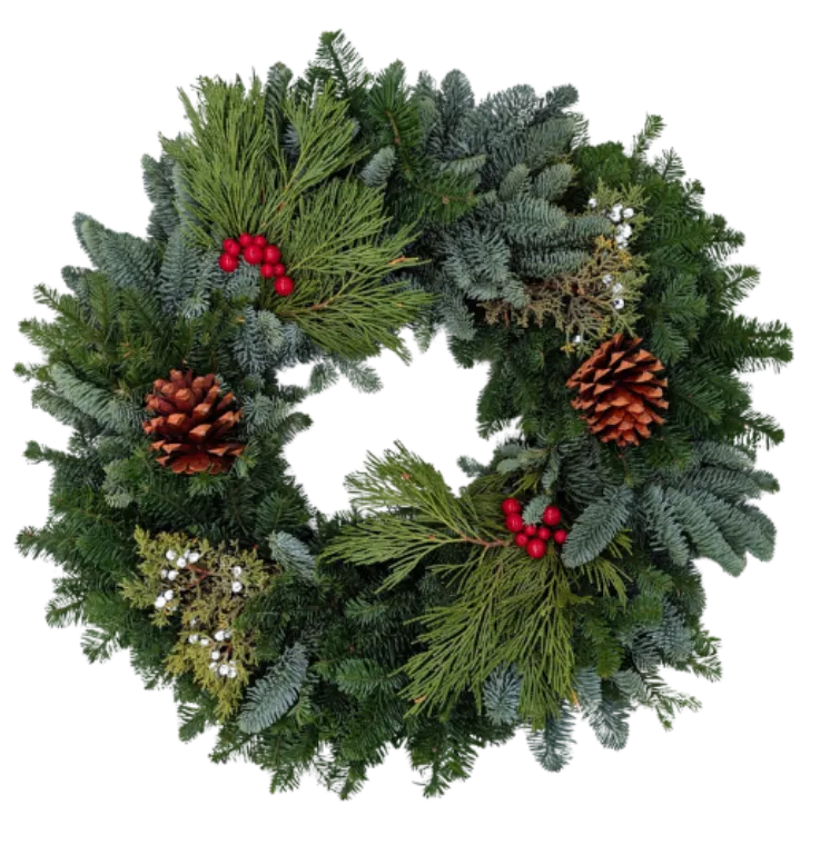 A christmas wreath with pine cones and red berries