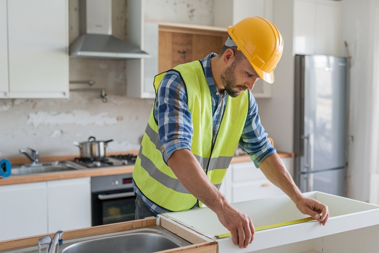 A construction worker is measuring a piece of wood in a kitchen.