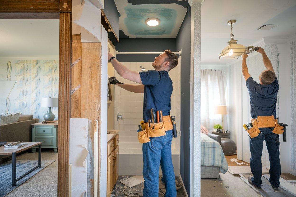 Two men are working on a bathroom and a living room in a house.