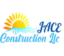 A logo for jace construction llc with a sun and waves
