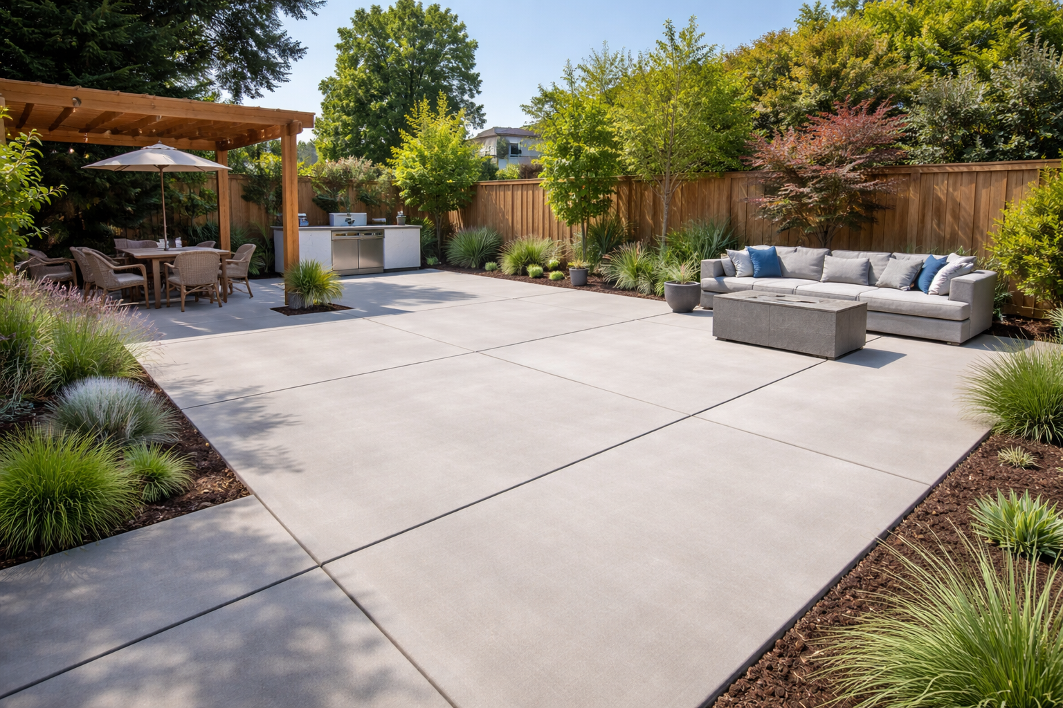 Patio with outdoor dining set, seating area, grill, and landscaping.