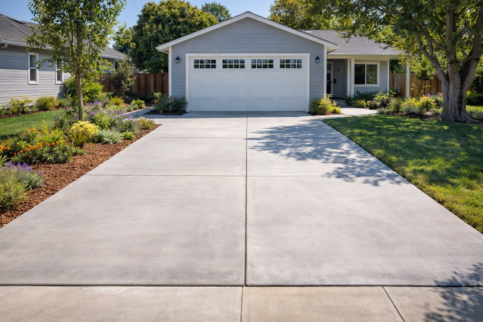 Light gray house with driveway, garage, and landscaping.