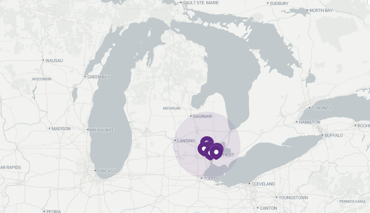 Map of the Midwest with purple circles clustered in Illinois, likely representing data points or a specific area.