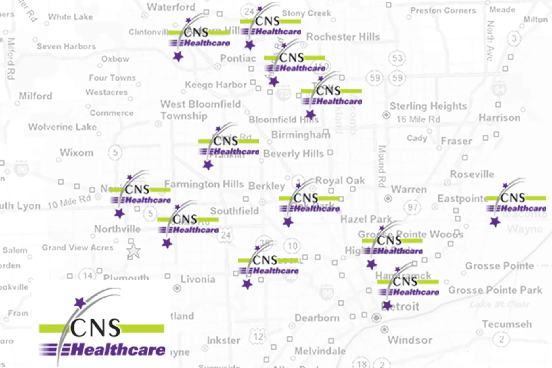 A map with cns healthcare logos on it