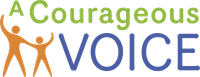 Logo of "A Courageous Voice" with figures raising arms.