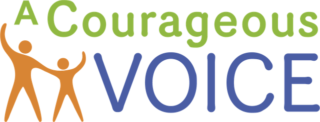 Logo of "A Courageous Voice" with figures raising arms.