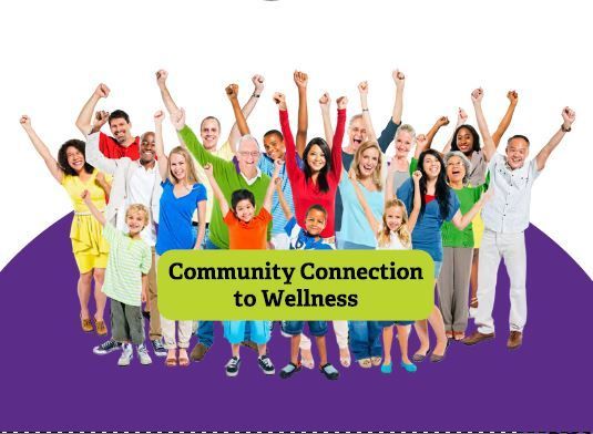 A group of people with their arms in the air and a sign that says community connection to wellness