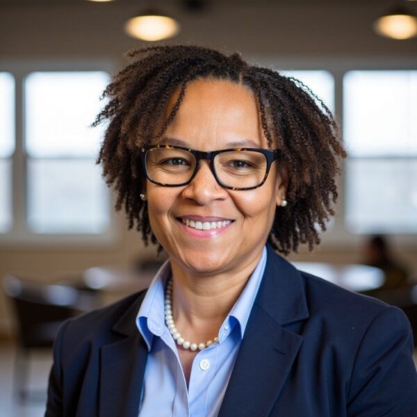 A woman wearing glasses and a blue jacket is smiling for the camera