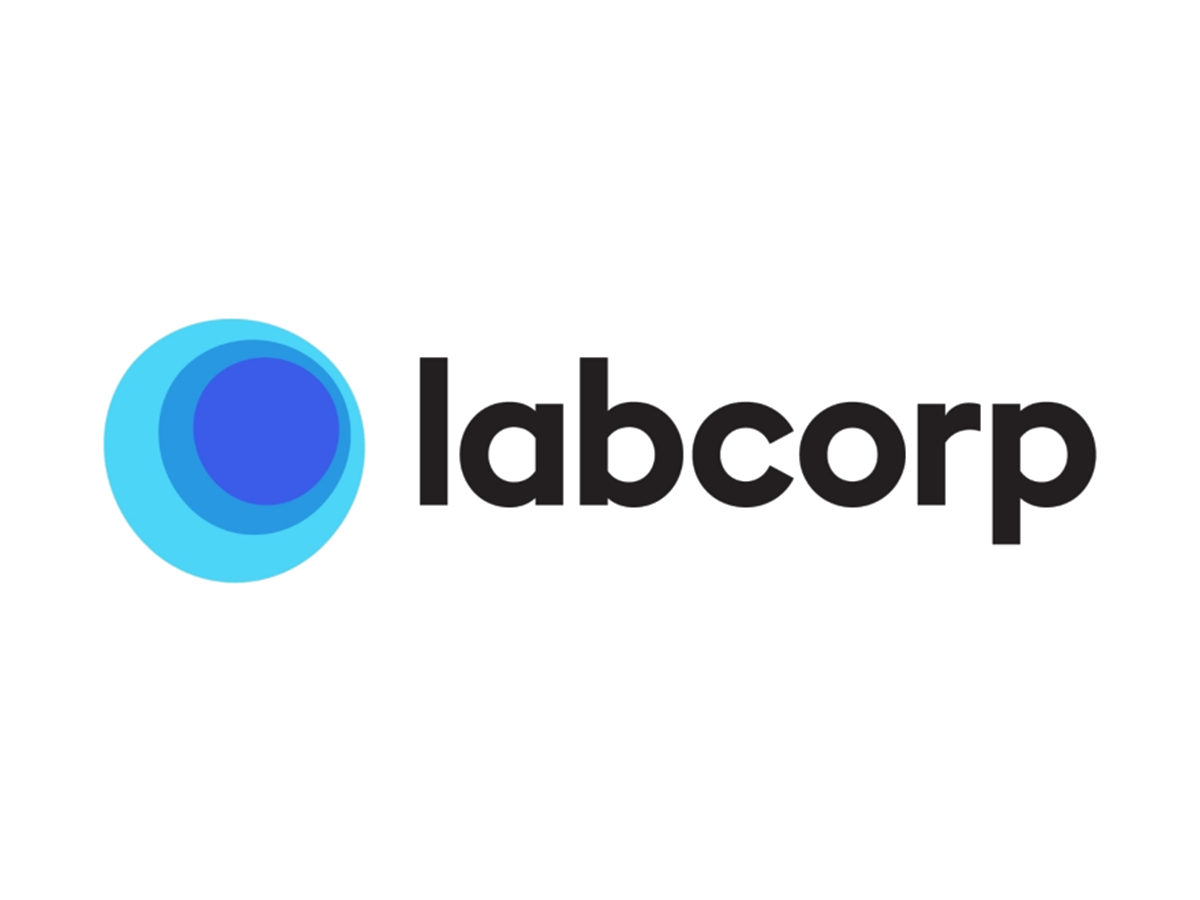 A labcorp logo with a blue circle in the middle on a white background.