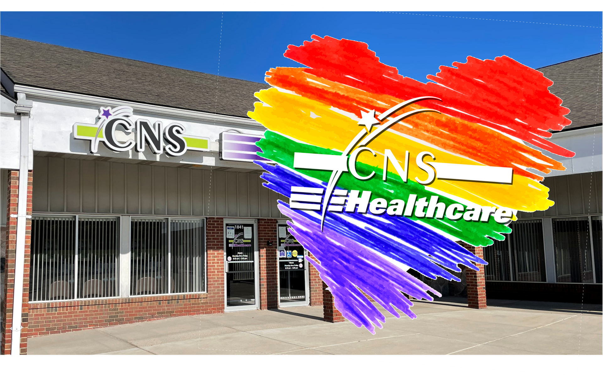 A cns healthcare building with a rainbow heart in front of it