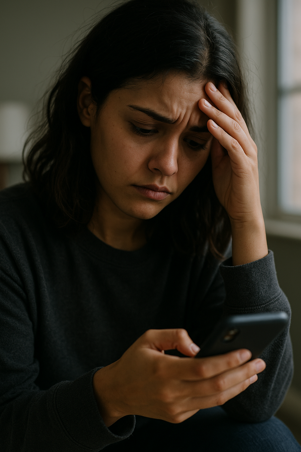 A woman is sitting on a couch looking at her cell phone.